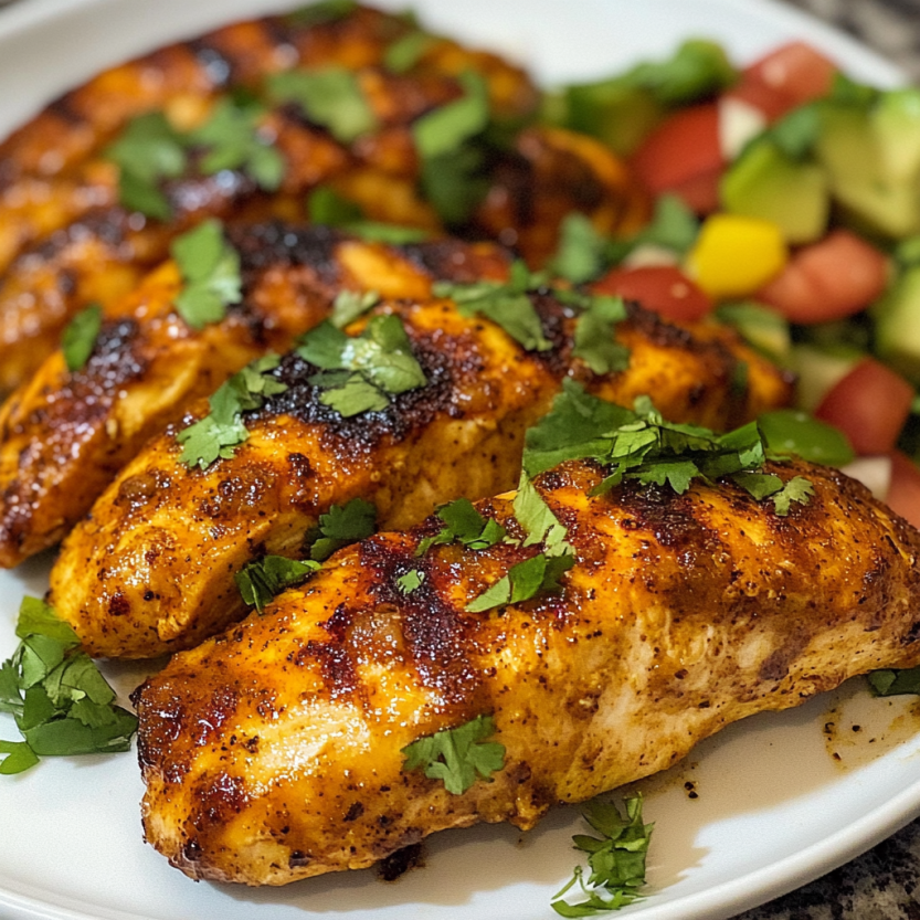A plate piled with juicy, baked chicken strips topped with fresh green herbs.
