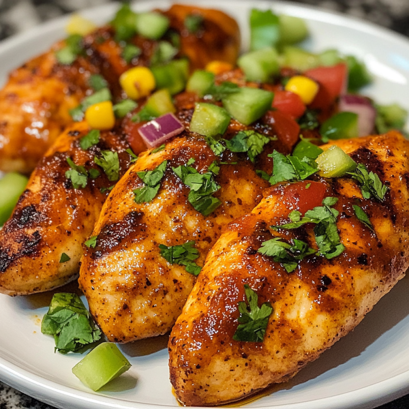 Tenders de poulet tout juste sortis du four, garnis d’herbes et accompagnés de légumes verts comme concombres et tomates.
