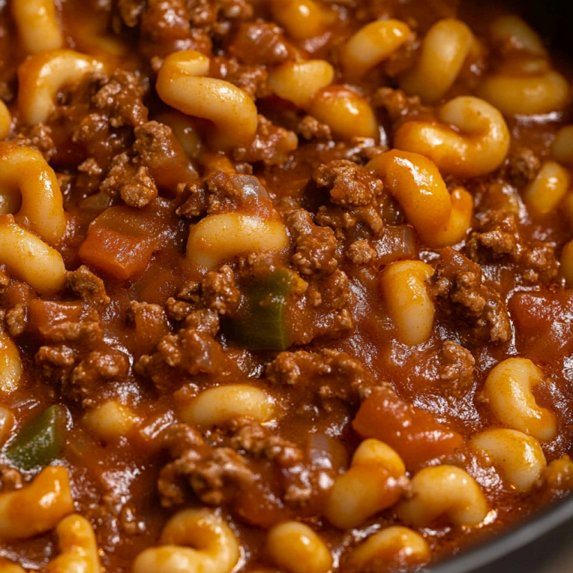 Une image de macaroni et de sauce tomate avec des morceaux de viande.