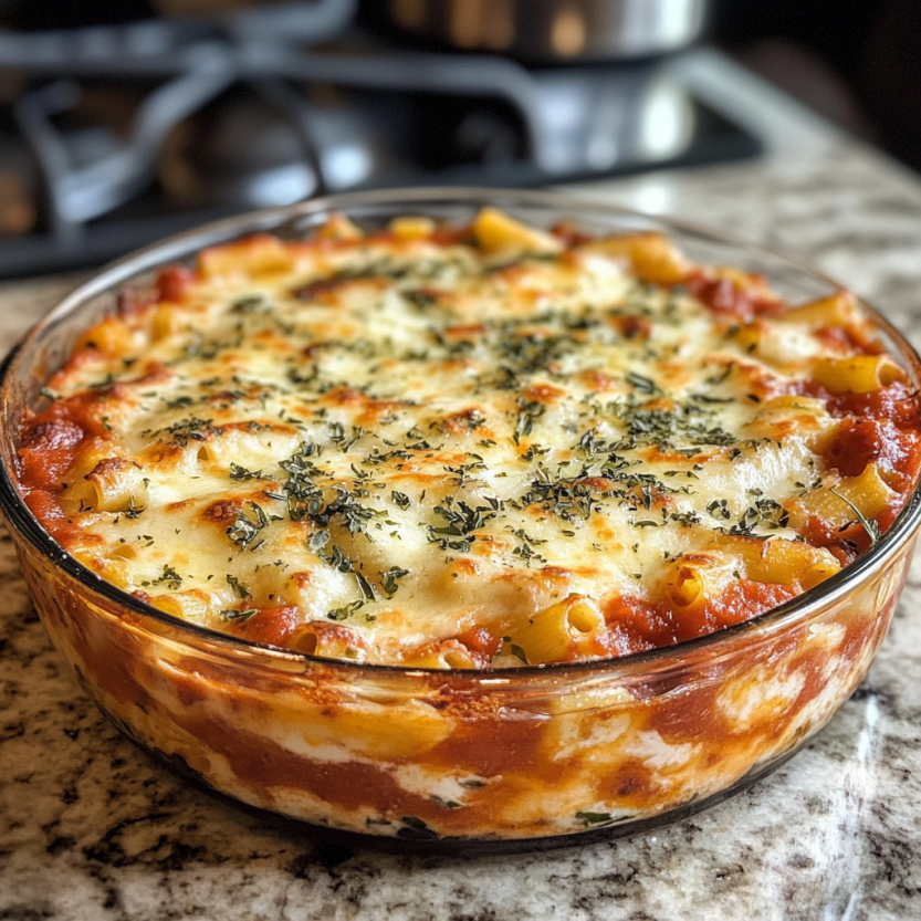 Plat de pâtes cuites au four avec ricotta et mozzarella, sans viande.