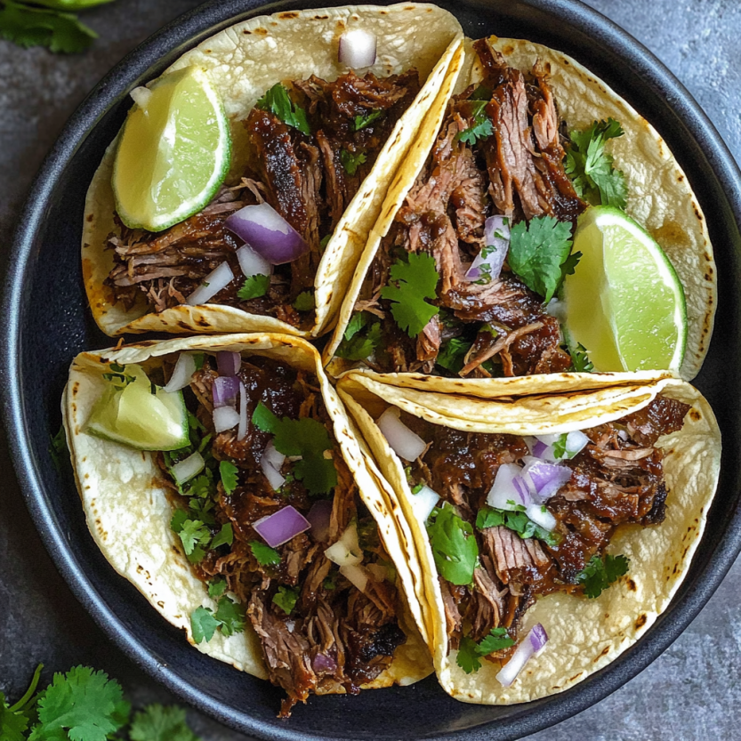 Grilled beef tacos with fresh greens and lime slices.