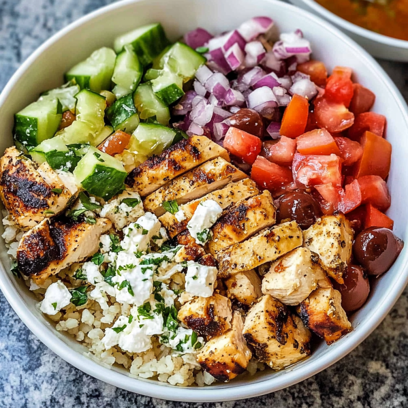 A food bowl piled high with veggies and grilled meats.