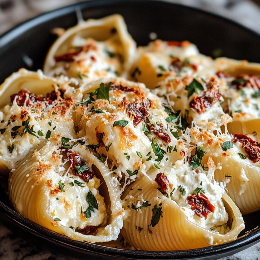 Une assiette de creamy sun-dried tomato and ricotta stuffed shells.