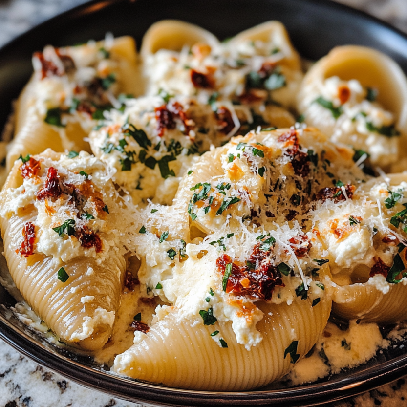 Une assiette de creamy sun-dried tomato and ricotta stuffed shells.