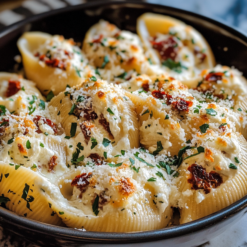 A plate of sun-dried tomato and ricotta stuffed shells, looking super creamy.