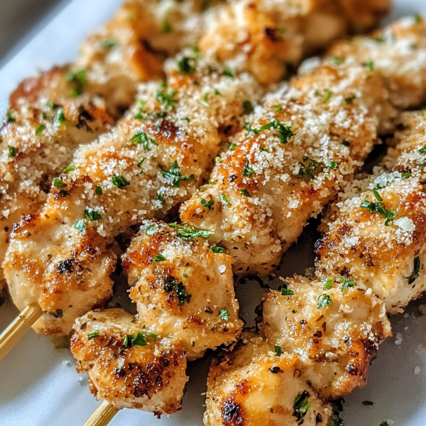 Chicken skewers topped with parsley and parmesan cheese.