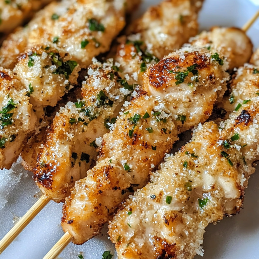 Brochettes de poulet avec parmesan et persil grillés.