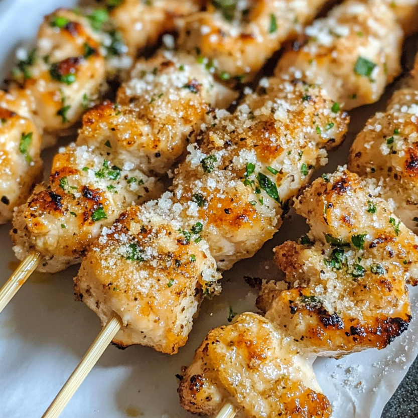 Brochettes de poulet avec parmesan et persil grillés.