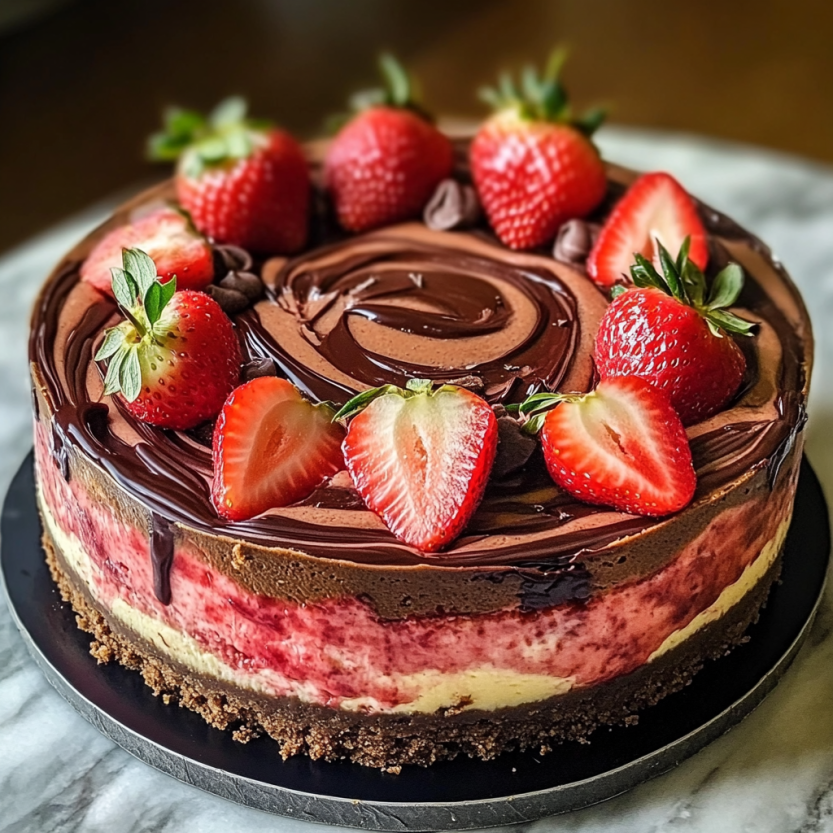 Une tarte aux fraises façon cake, recouverte de fraises fraîches et d'une couche de chocolat.