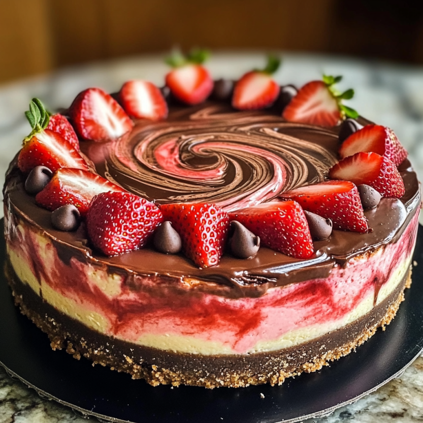 A spiral strawberry tart with chocolate and strawberries on top, served on a tray.