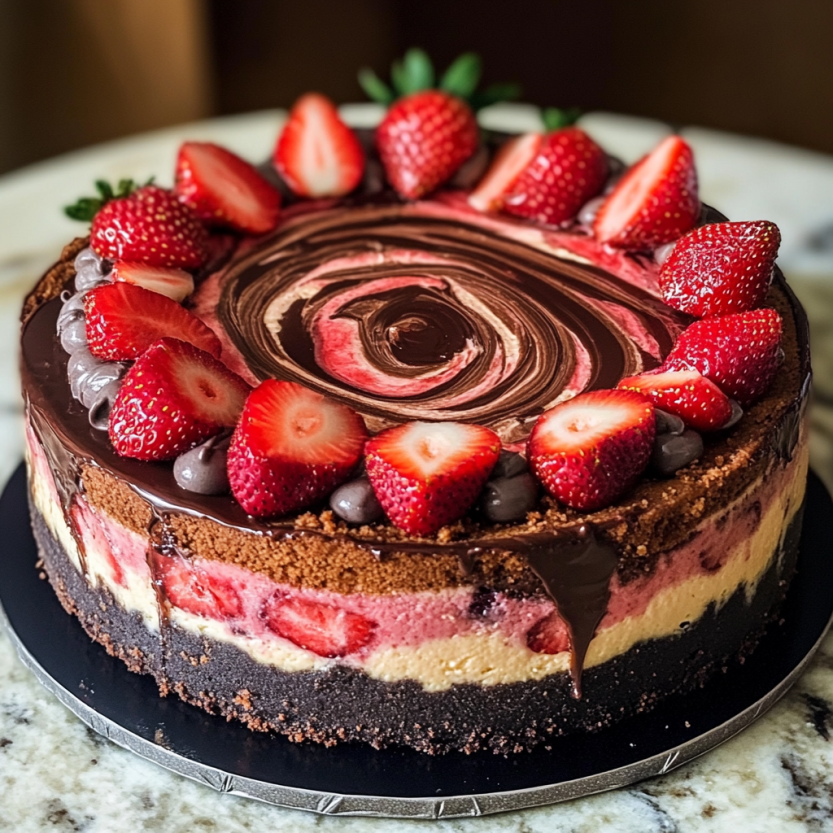 A spiral strawberry tart with chocolate and strawberries on top, served on a tray.