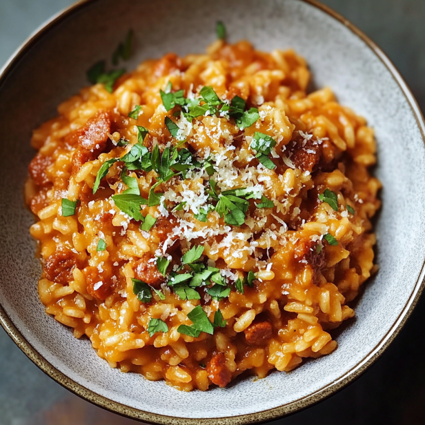 Une assiette de risotto avec des herbes et du chorizo.