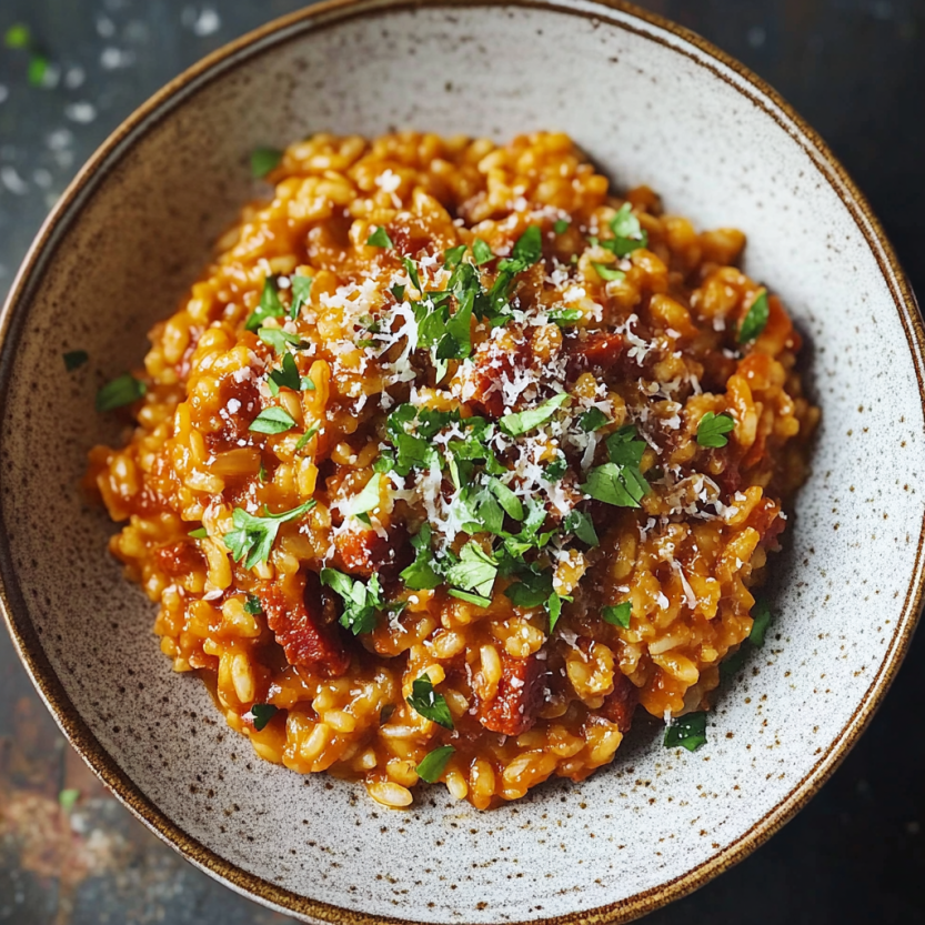 A plate loaded with risotto, fresh herbs, and sliced chorizo.