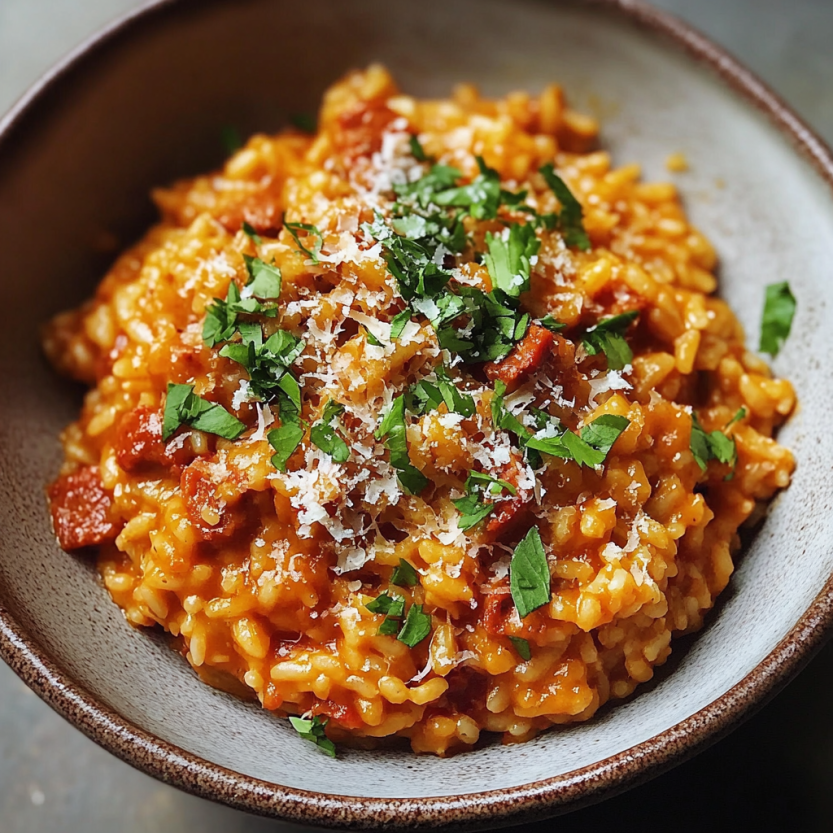 Une assiette de risotto avec des herbes et du chorizo.