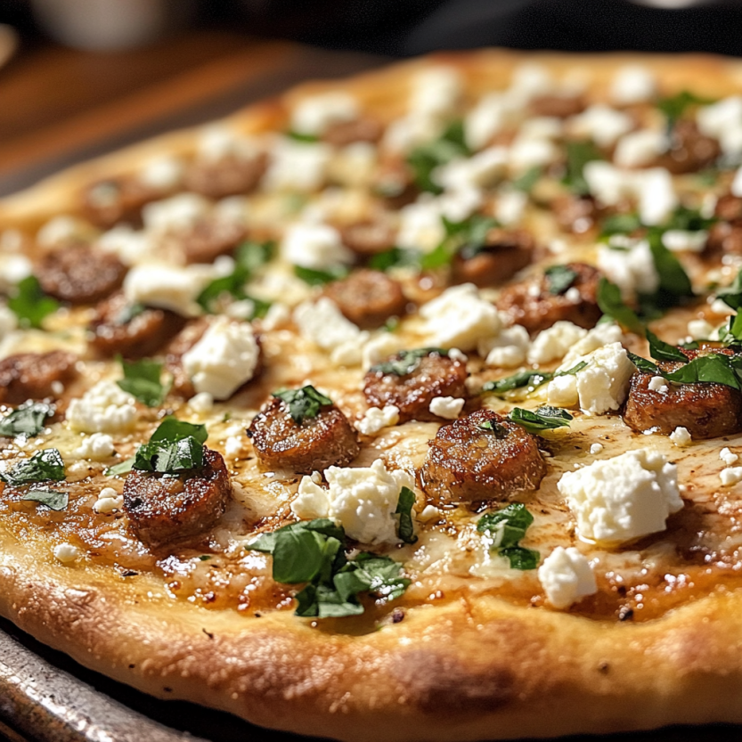 Une pizza maison avec des saucisses épicées, de la feta, du miel et du fromage blanc faite maison.