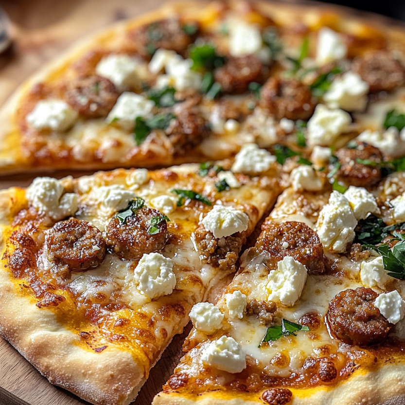 Pizza maison garnie de saucisses épicées, de feta, de miel et de bacon.