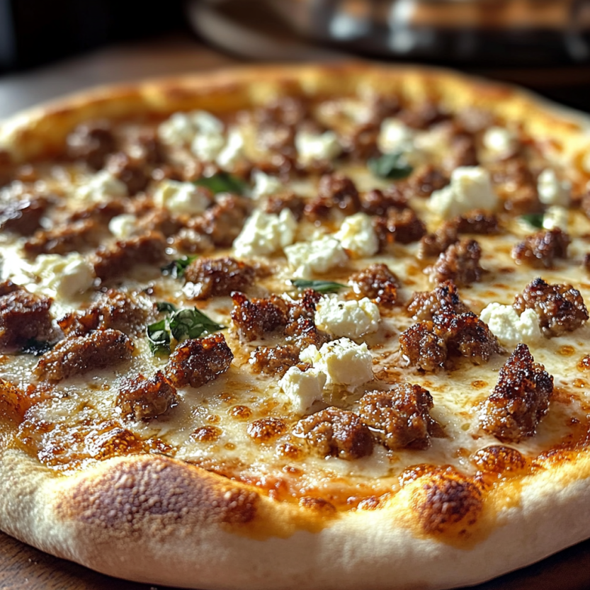 A homemade pizza covered with hot sausage, feta, honey, and bacon.