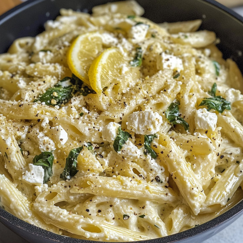 Pasta swirled with creamy lemon and feta sauce.