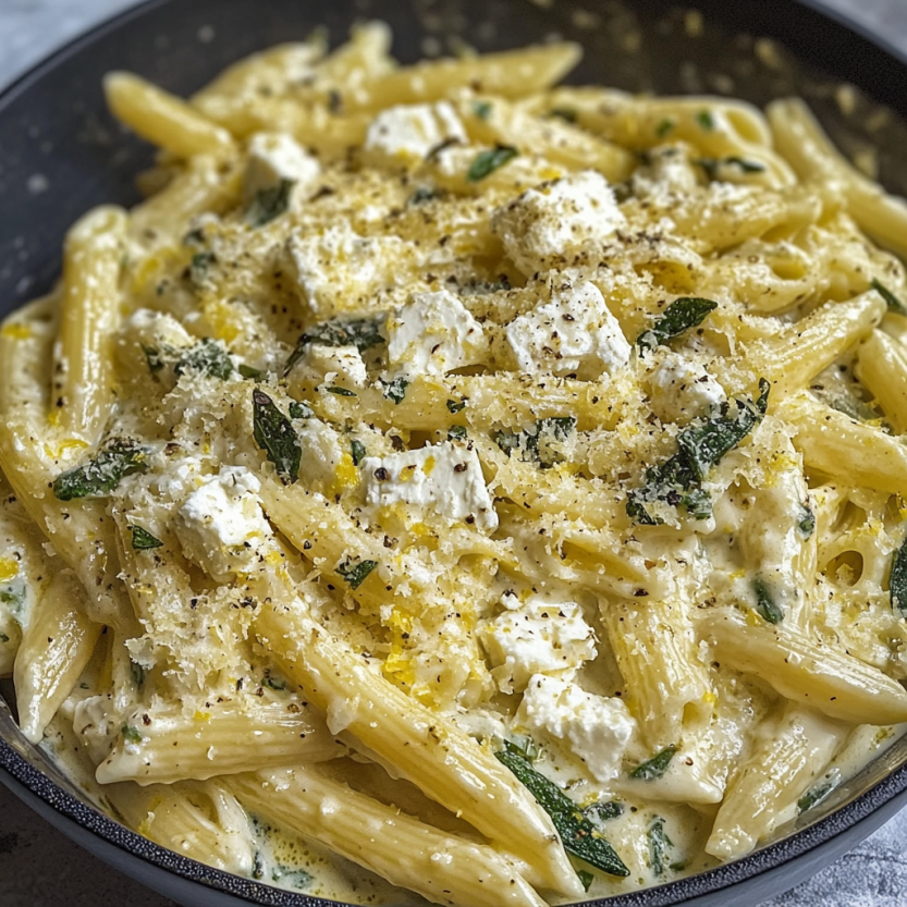 Une recette de pâtes à la crème d'orange et fromage feta.
