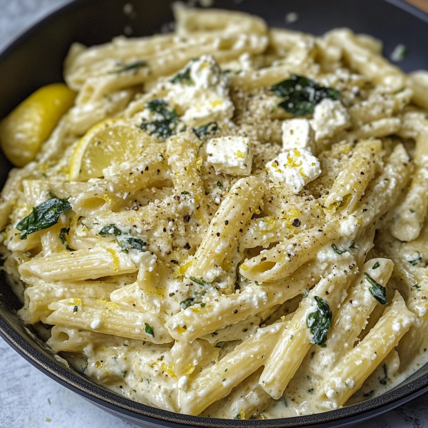 Une casserole de penne avec des légumes et des fromages.
