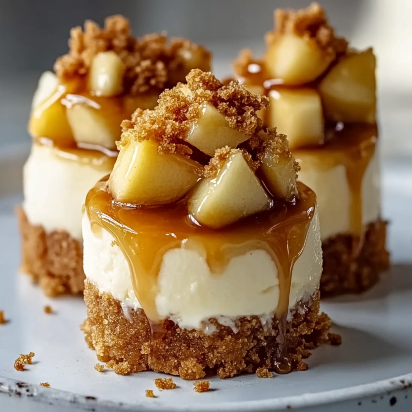 A platter stacked with mini caramel apple cheesecakes.