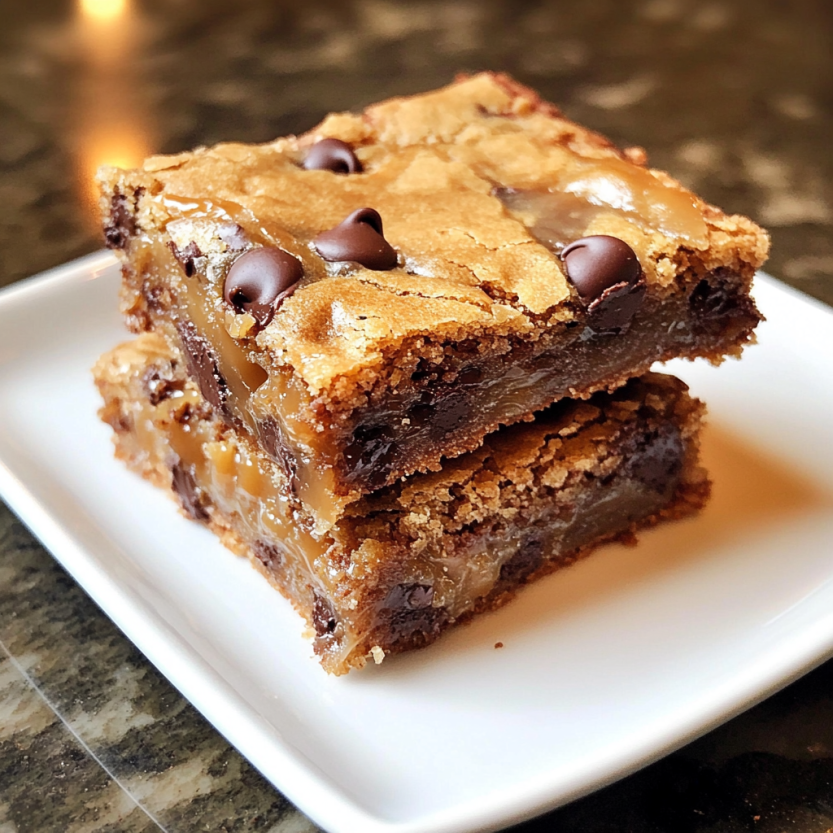Salty chocolate chip cookie bars with caramel drizzle on top.