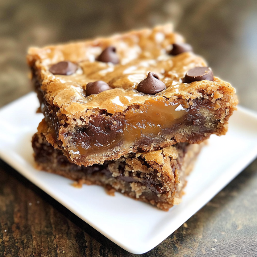 Un plat de barres de gâteau salé au caramel et au chocolat.