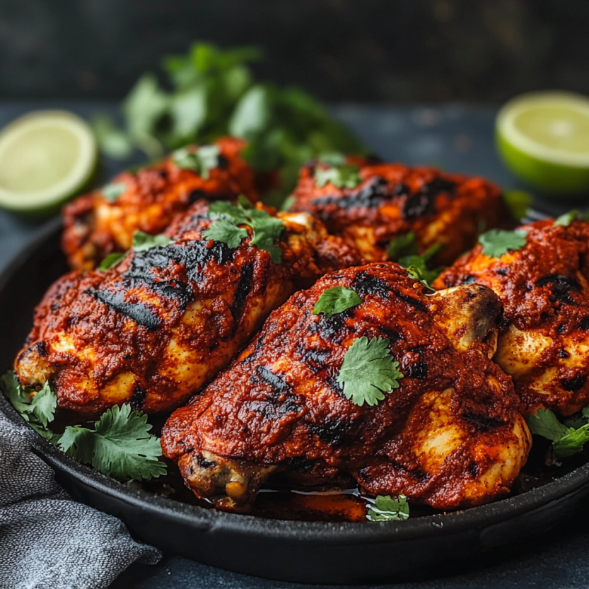 Some grilled chicken pieces topped with herbs and green veggies.