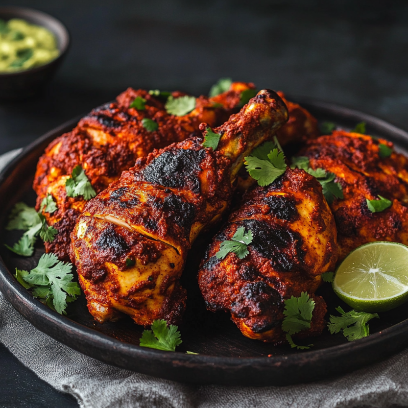 Grilled chicken pieces with fresh herbs stacked on a tray.
