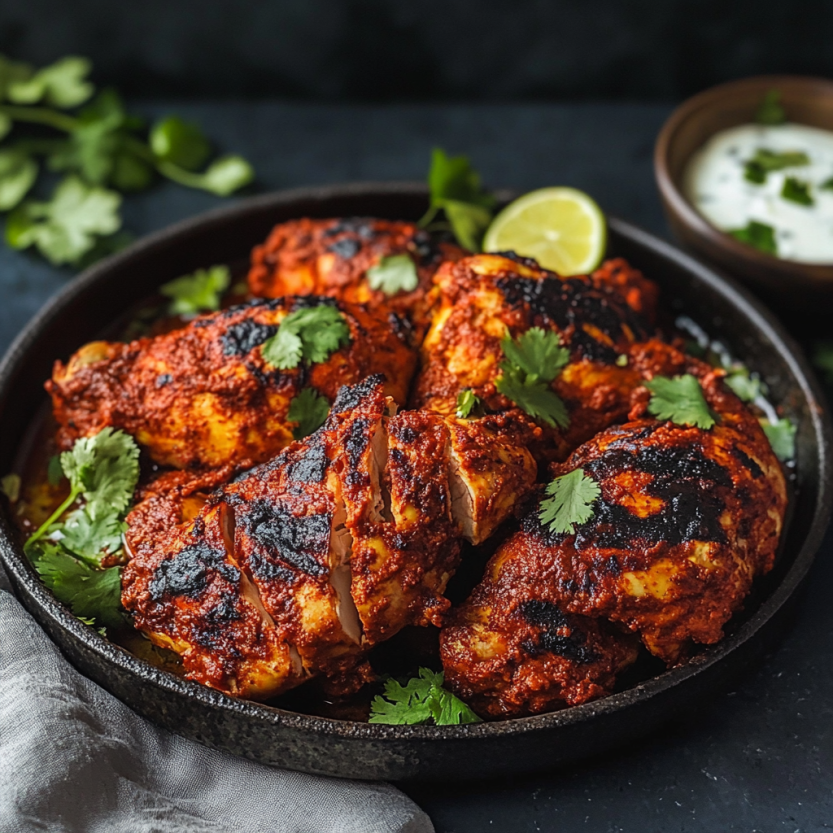 A plate of tandoori chicken sits on the table, ready to eat.