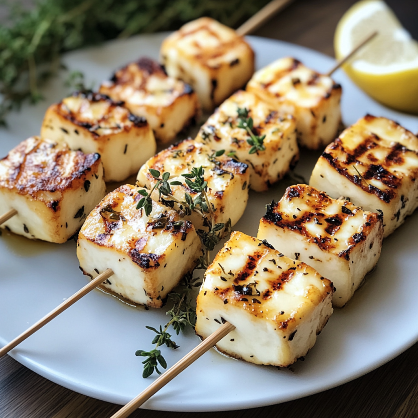 Grilled halloumi stick with lemons and herbs.