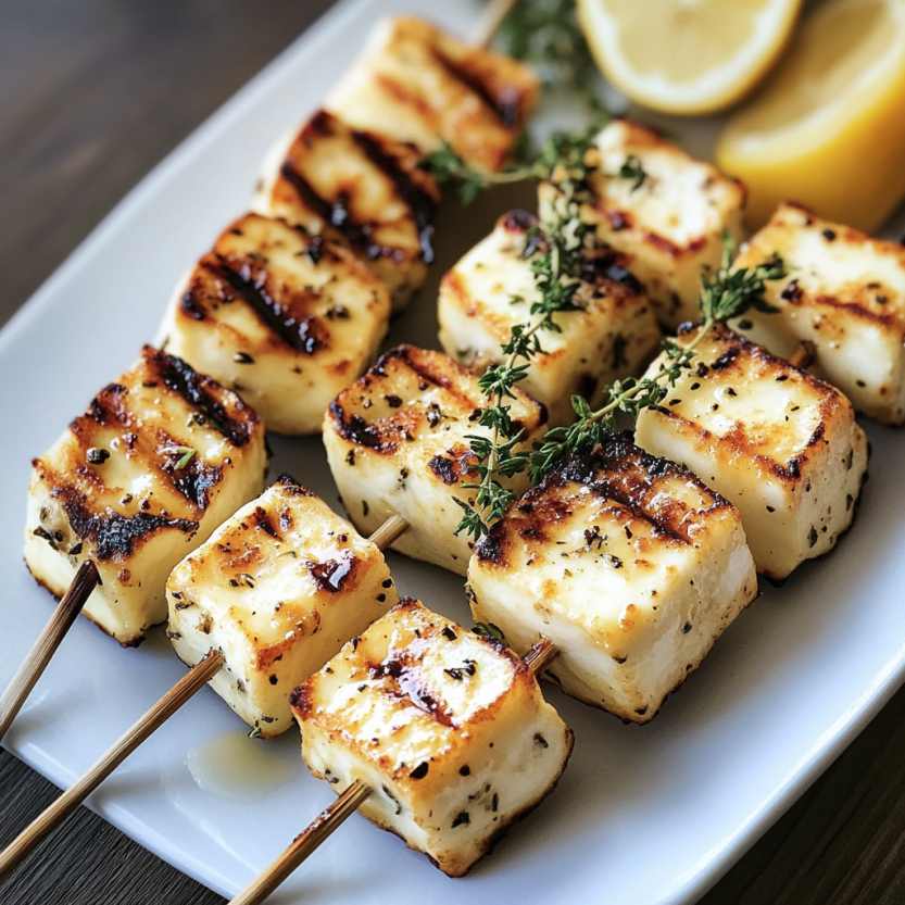 Grilled halloumi stick with lemons and herbs.