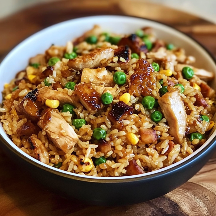 A plate with vegetables and crispy chunks of fried chicken on rice.