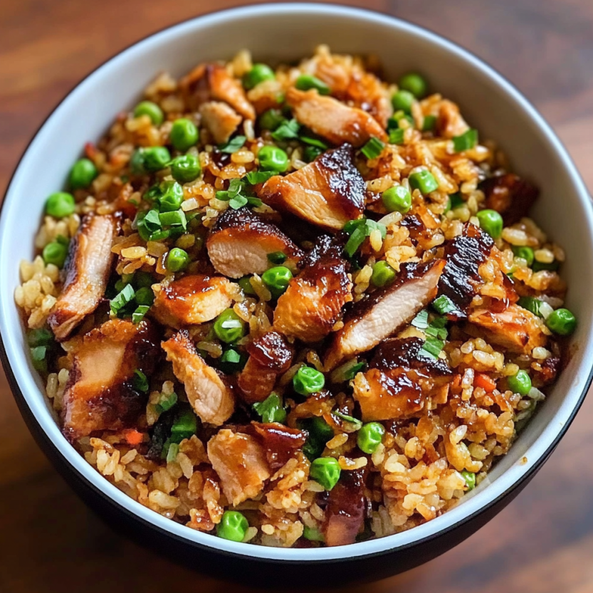 A plate piled with colorful veggies and chunks of smoky chicken over rice.