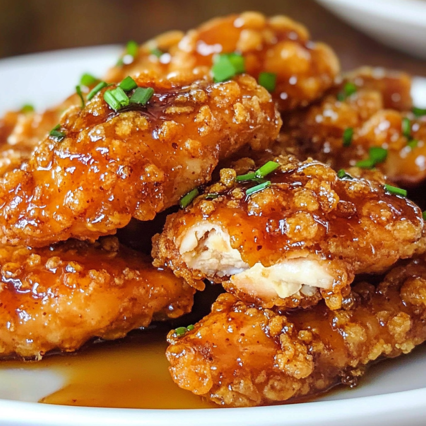 Chicken breasts dipped in honey and soy sauce, topped with green herbs on the chicken.