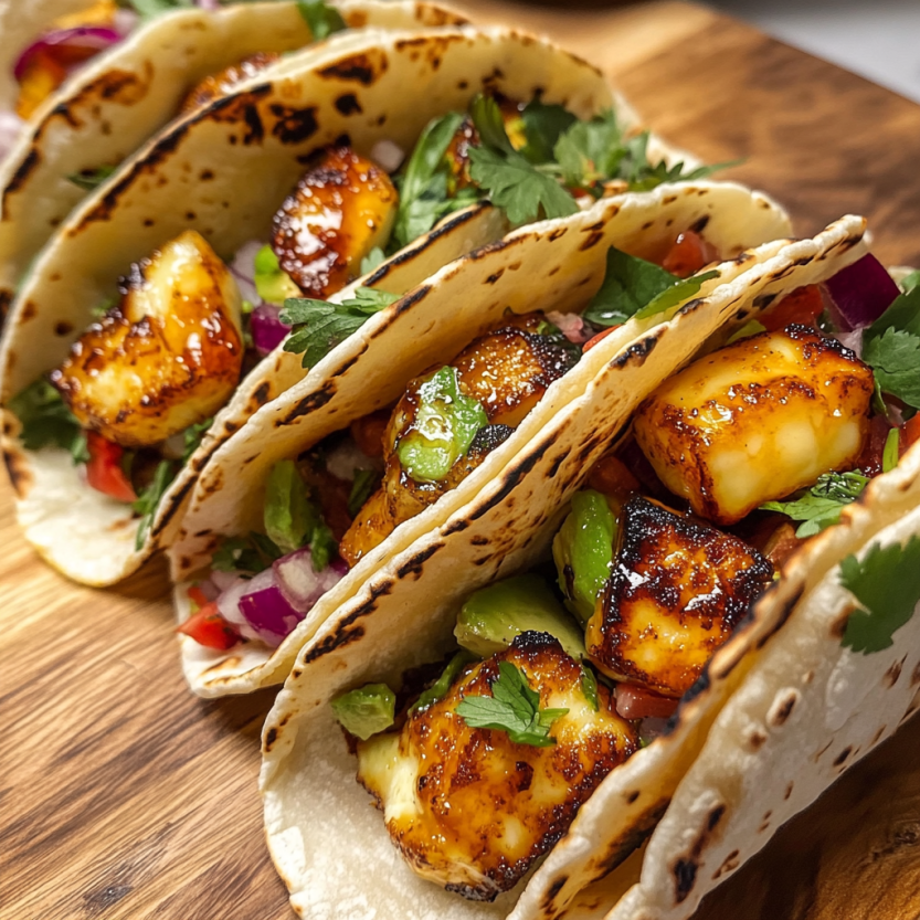 A plate of hot honey halloumi tacos with avocado.
