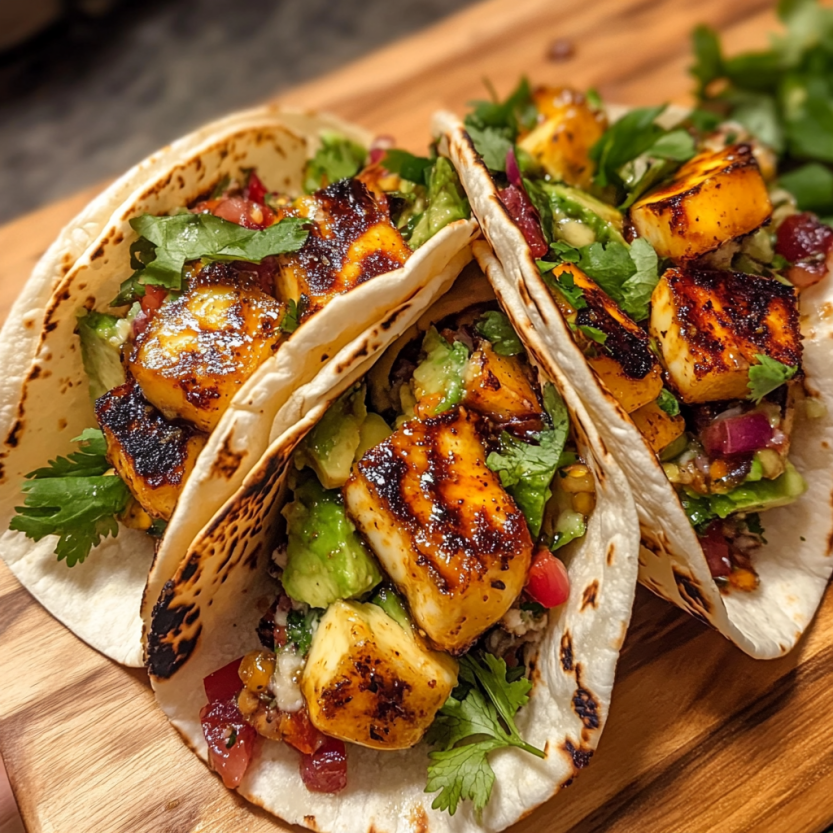 A delicious hot honey halloumi taco with avocado.