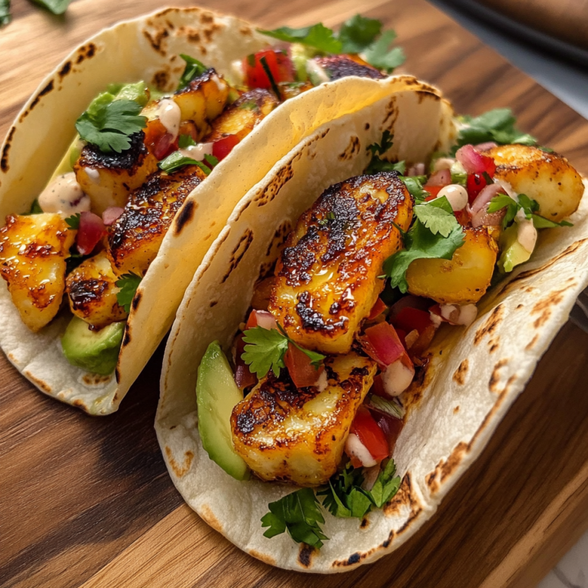 Two hot honey halloumi tacos with avocado.