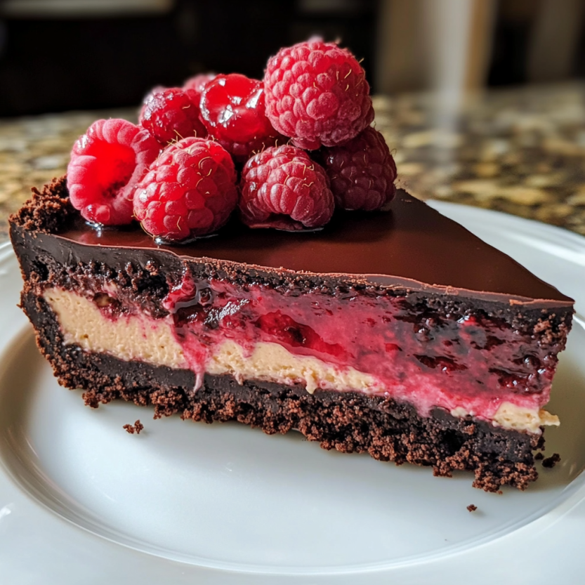 A chocolate tart topped with bright red berries sits on a dessert plate.