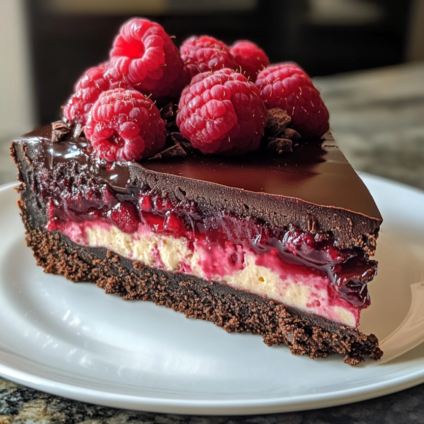 A slice of chocolate cake with red raspberries sits on a small plate.