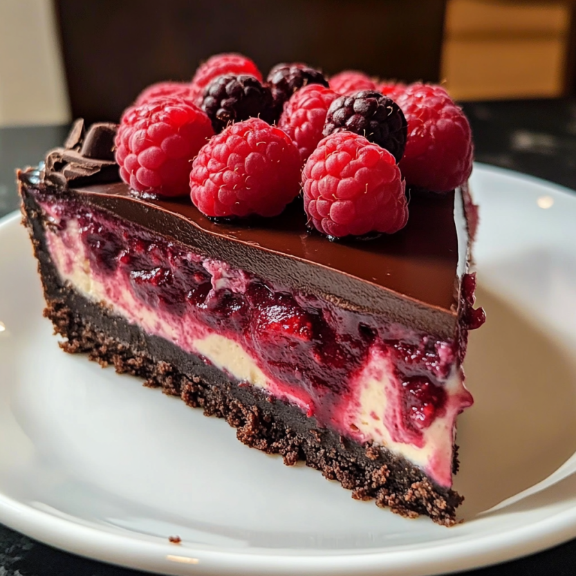A slice of chocolate and raspberry cake on toast.