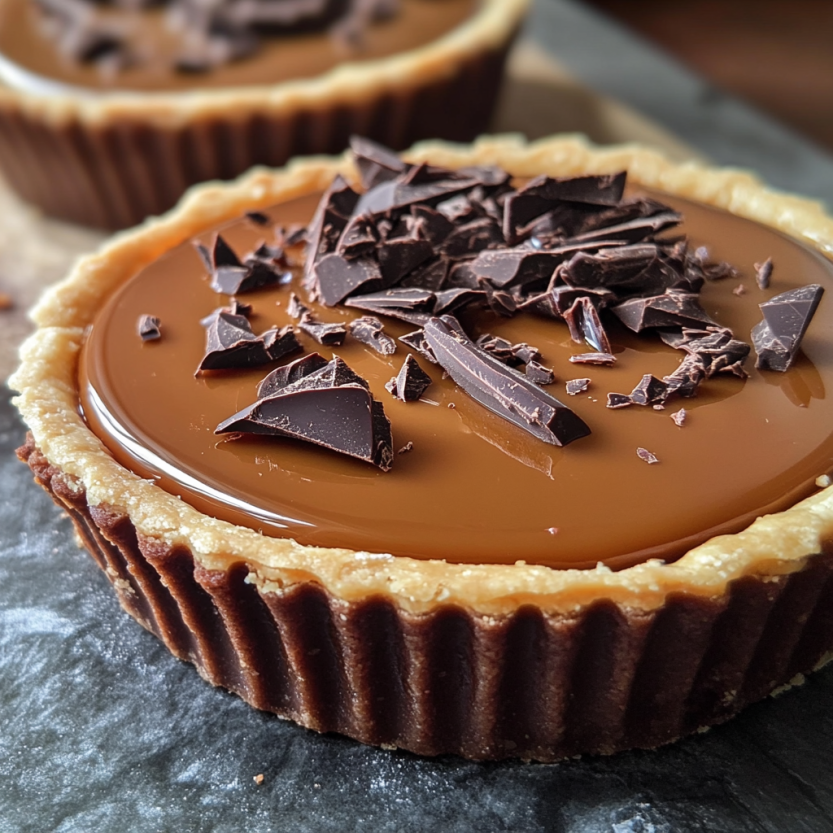 Une tart chocolat garnie de chocolat salé.
