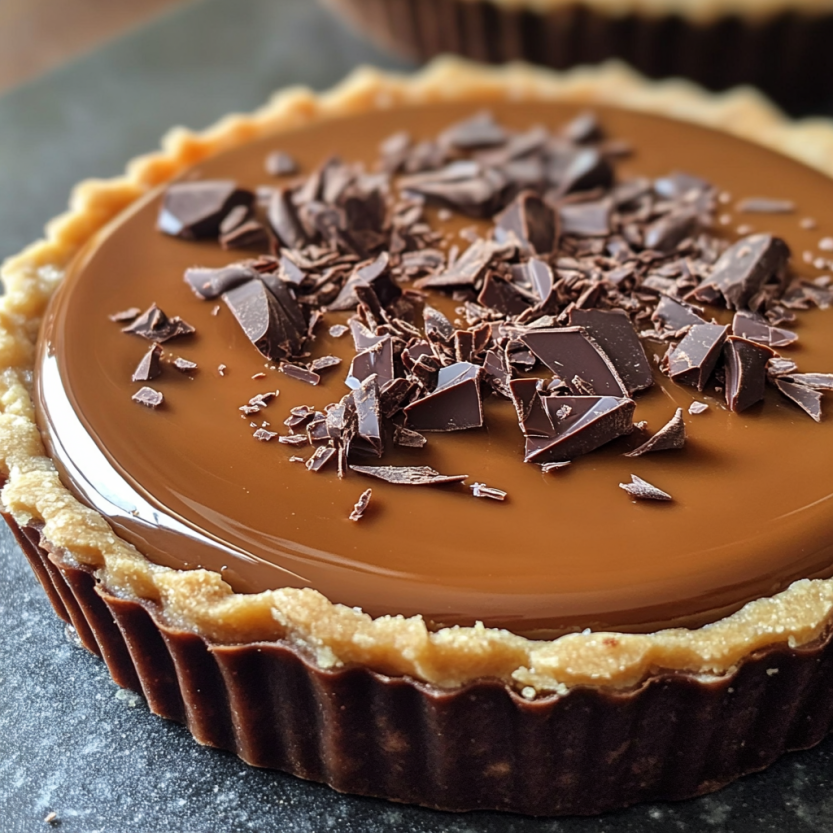 A slice of salted caramel and chocolate tart.