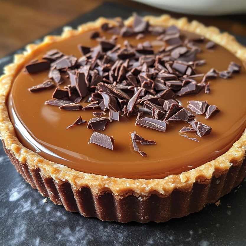 Une tarte au caramel salé et au chocolat.