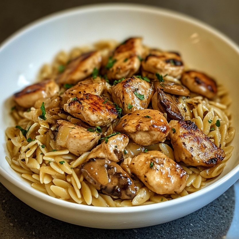 Une assiette de "Marsala Chicken Orzo" est servie sur une table.