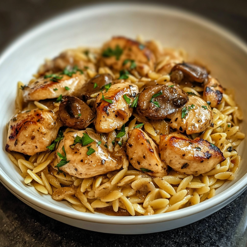 Une assiette de chicken Marsala Orzo.