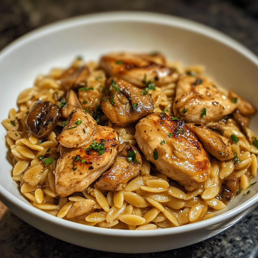 Une assiette de chicken Marsala Orzo.