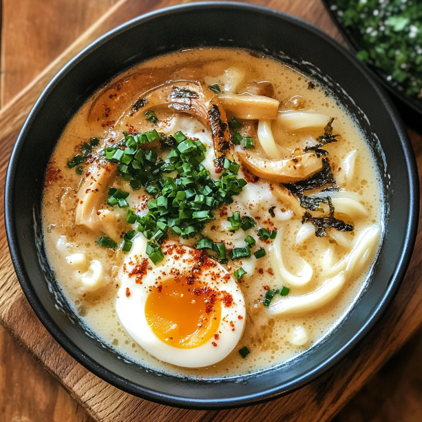 A bowl of coffee-milk soup with greens and soft eggs, ready to dig in.
