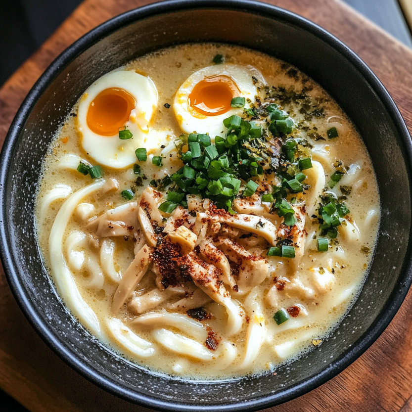 A plate of creamy miso udon with eggs.