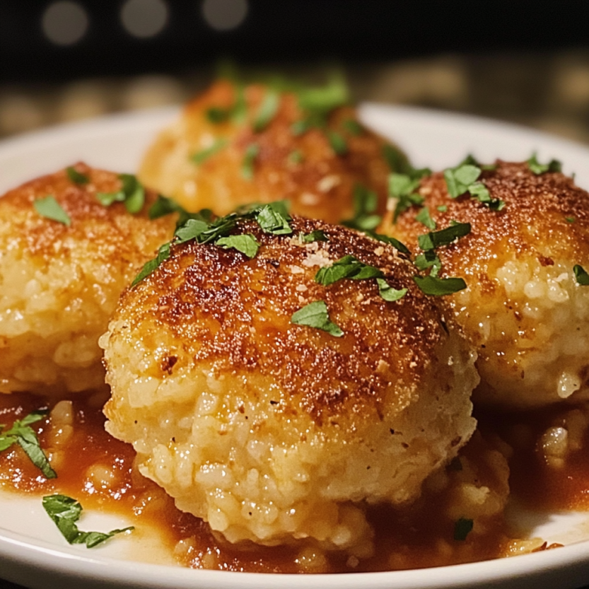 A plate of fried pasta balls with green herbs on top.